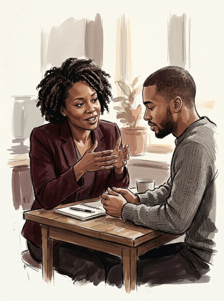 A manager giving feedback to a colleague across the corner of a small table