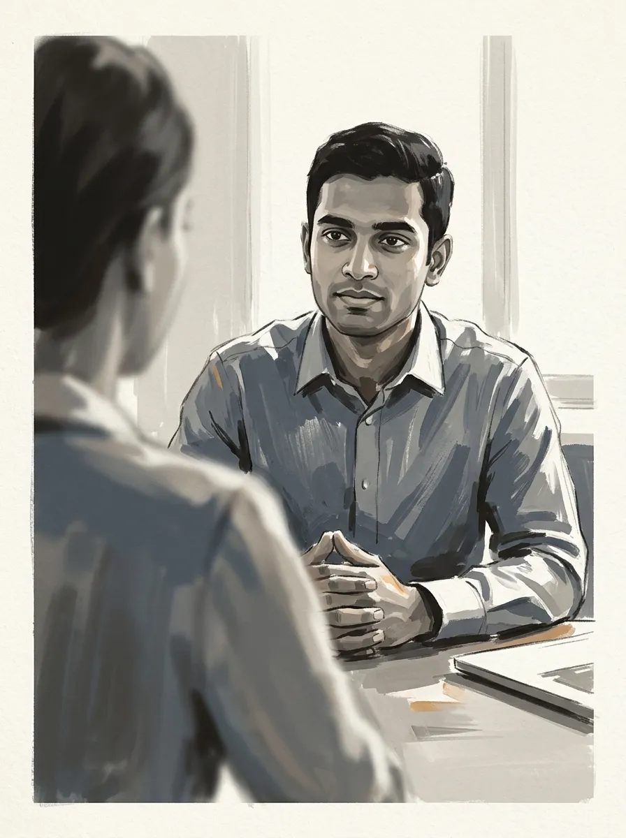 A candidate sitting composed across a desk from an interviewer