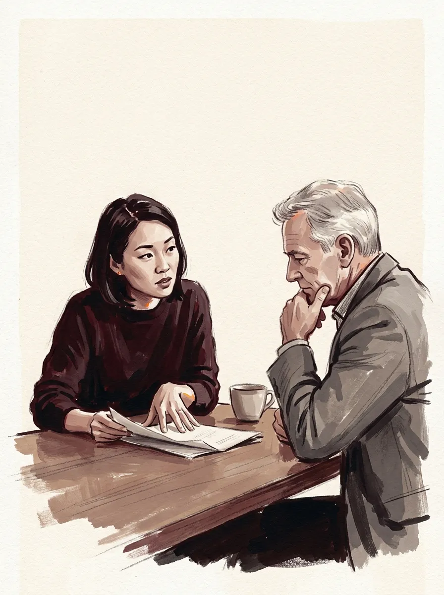 Two people negotiating across a table, one leaning in