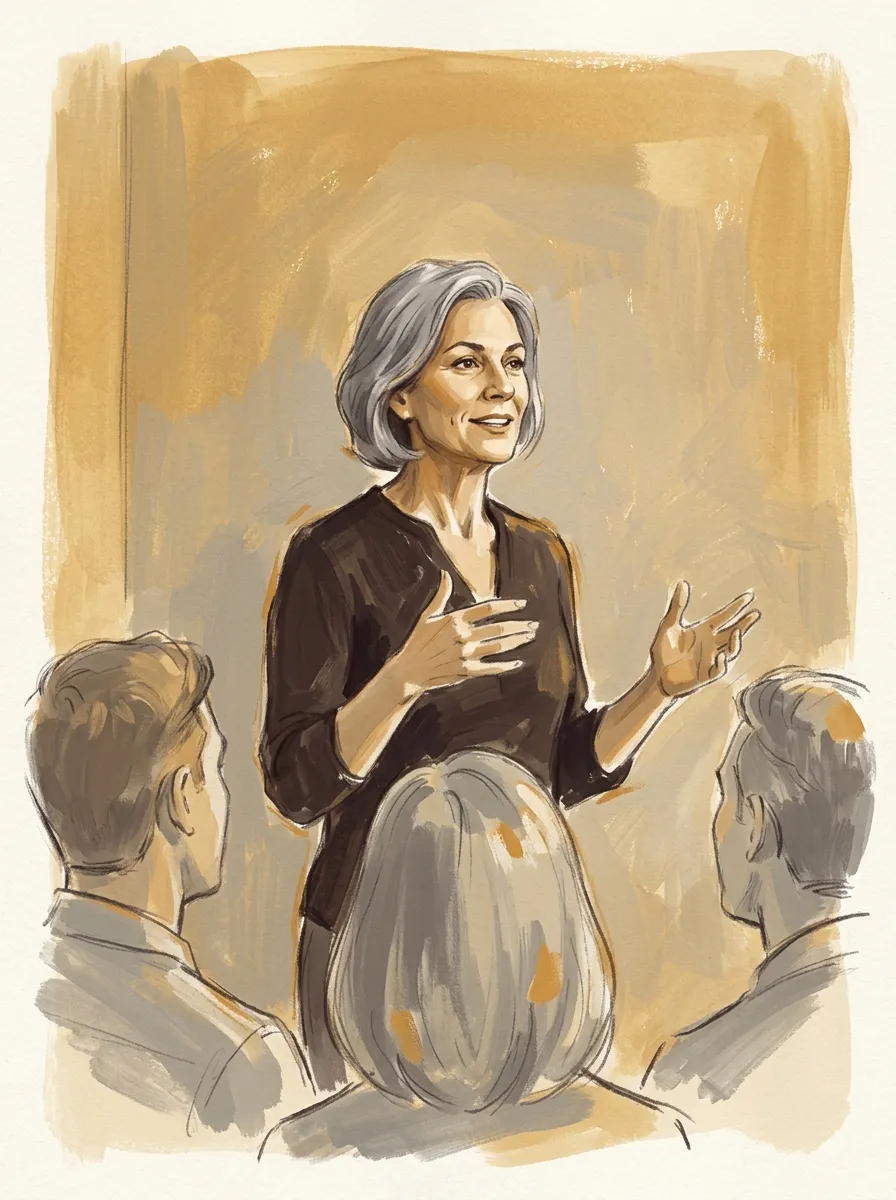 Someone presenting to a small room, mid-gesture