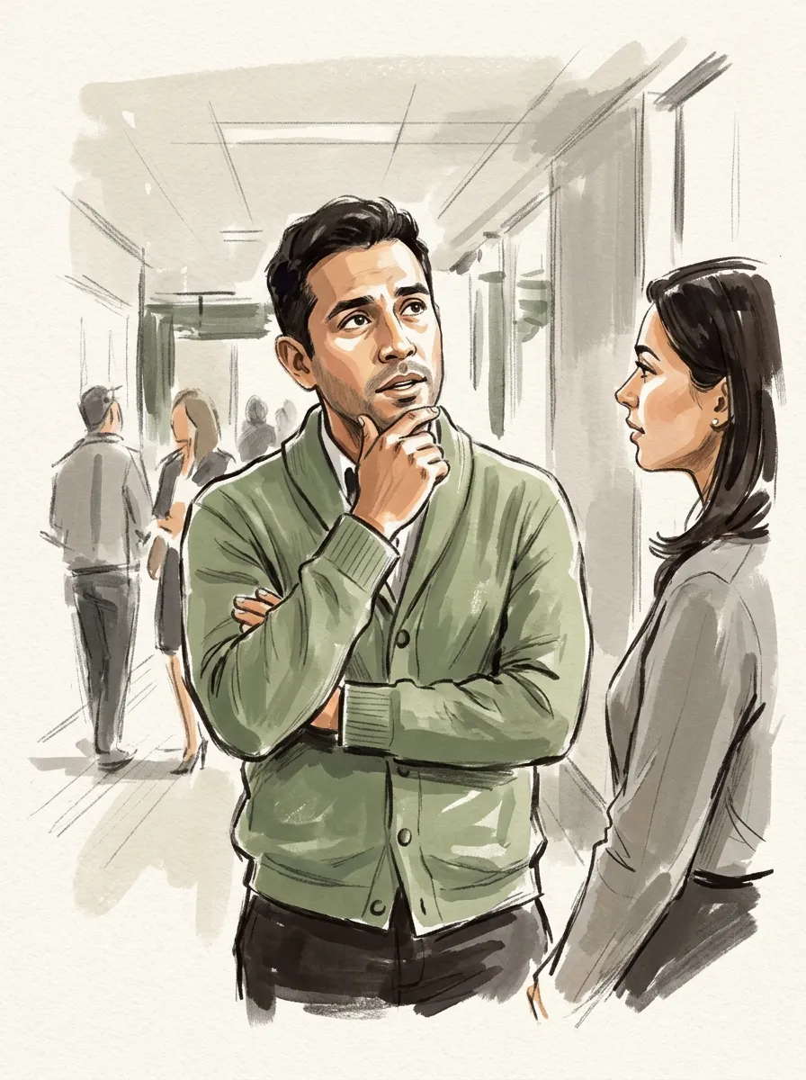 A pause mid-sentence during a hallway conversation